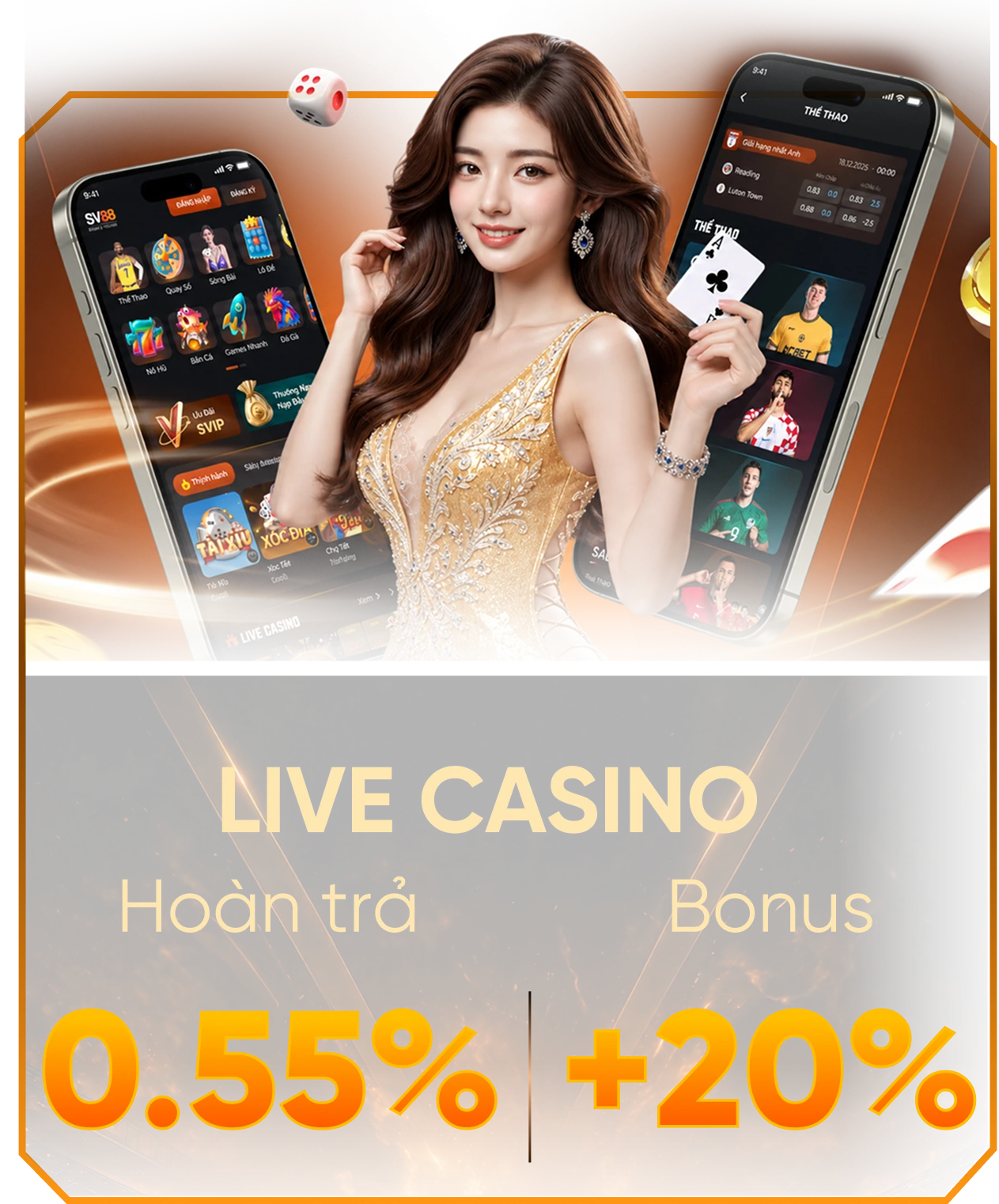 Live casino hoàn trả 0.55% bonus +20%